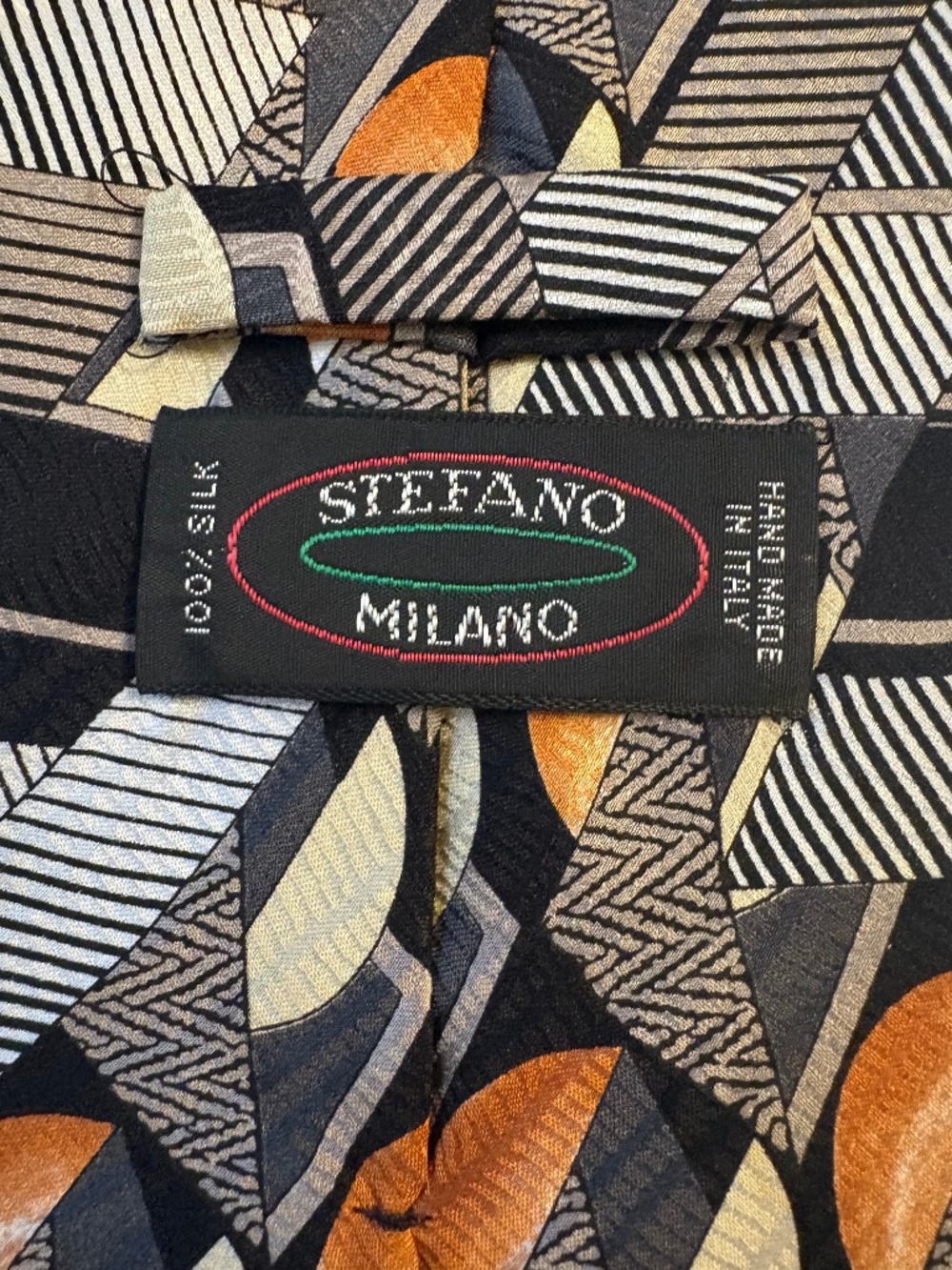 Stefano Milano Silk Tie Vintage Geometric Abstract Orange Grey Black 4" Wide